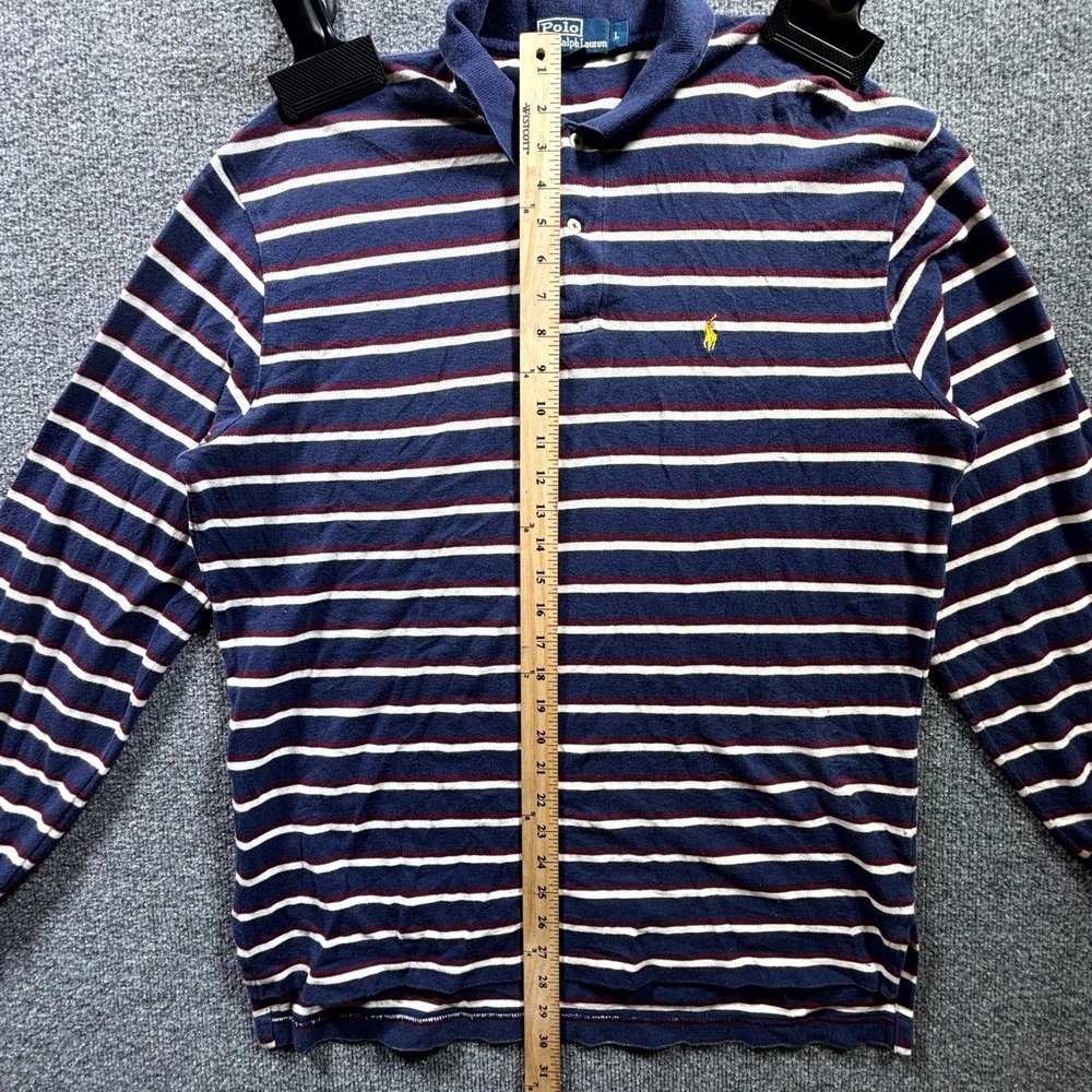 Vintage Polo Ralph Lauren Shirt Men's Large Blue Striped Knit Cotton Pony Logo - Picture 5 of 13